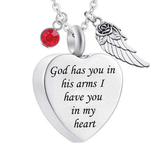 God has You in his arms with Angel Wing Charm Cremation Ashes Jewelry Keepsake Memorial Urn Necklace with Birthstone Crystal (July)