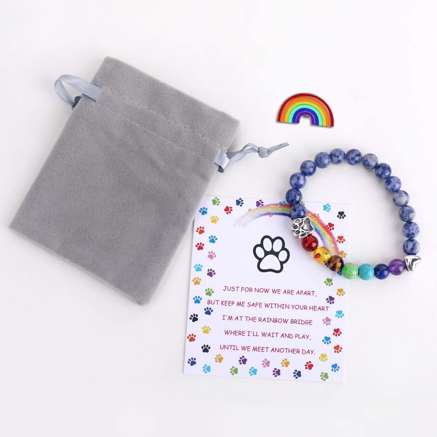 Pet Memorial Gifts,Rainbow Bridge Bracelet for Beloved Dog Cat,8MM Mixed Color Bead 7 Chakra Pet Memorial Bracelet for Women Men Who Loss of Pets,Pet Sympathy Gift