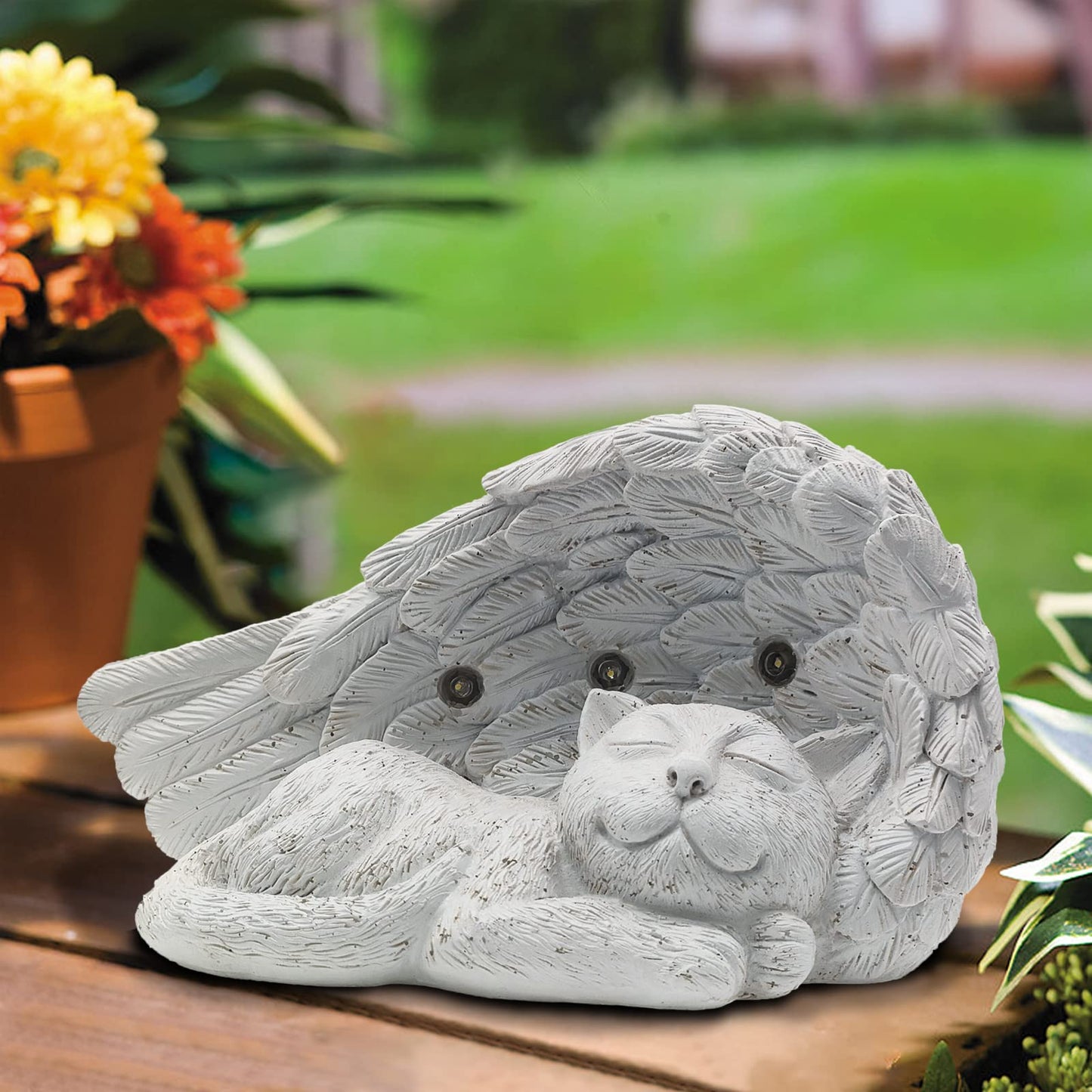JOHOO Solar Cat Pet Memorial Statue, Cat Memorial Stone Hand-Painted Resin Pet Loss Sympathy Remembrance Gifts with Solar Light Outdoor