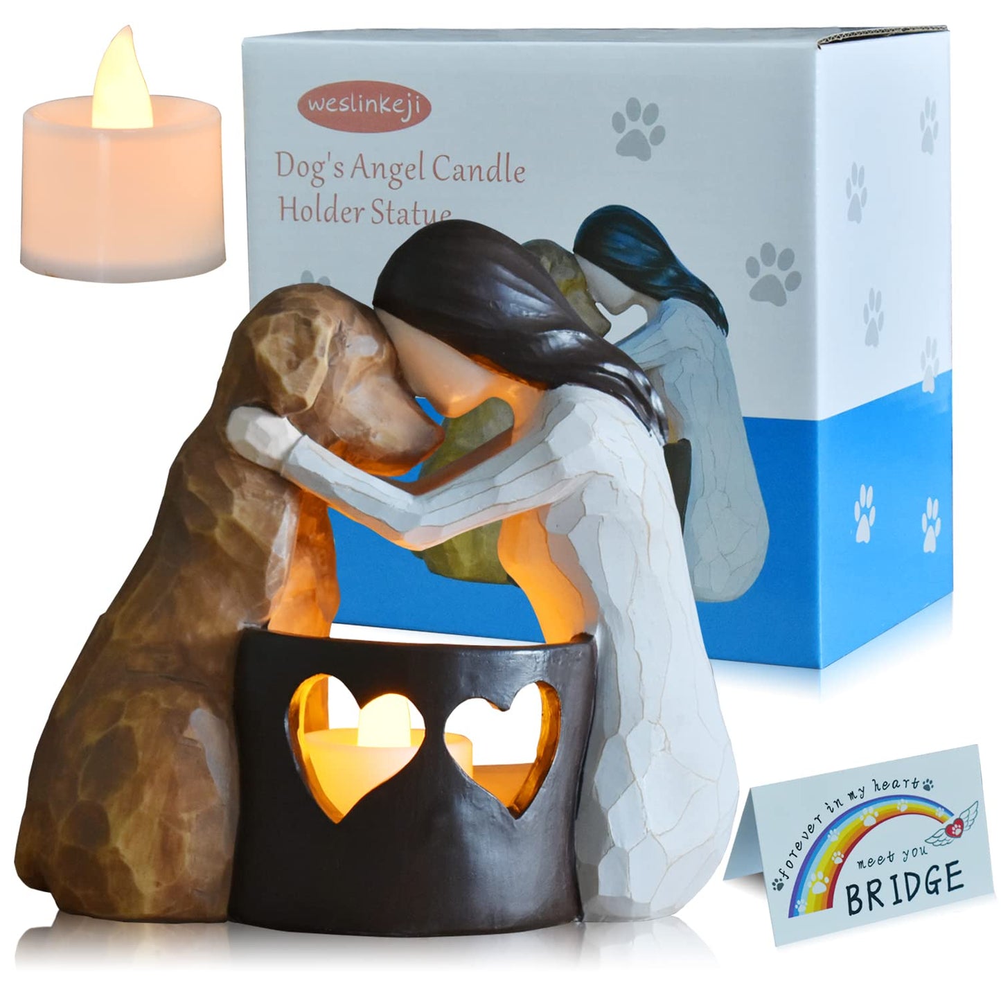 weslinkeji Dog Memorial Gifts，Pet Loss Gifts，Dogs Passing Away Sympathy Gift，Remembrance Gift ，Dog Lovers Candle Holder Statue with LED Candle