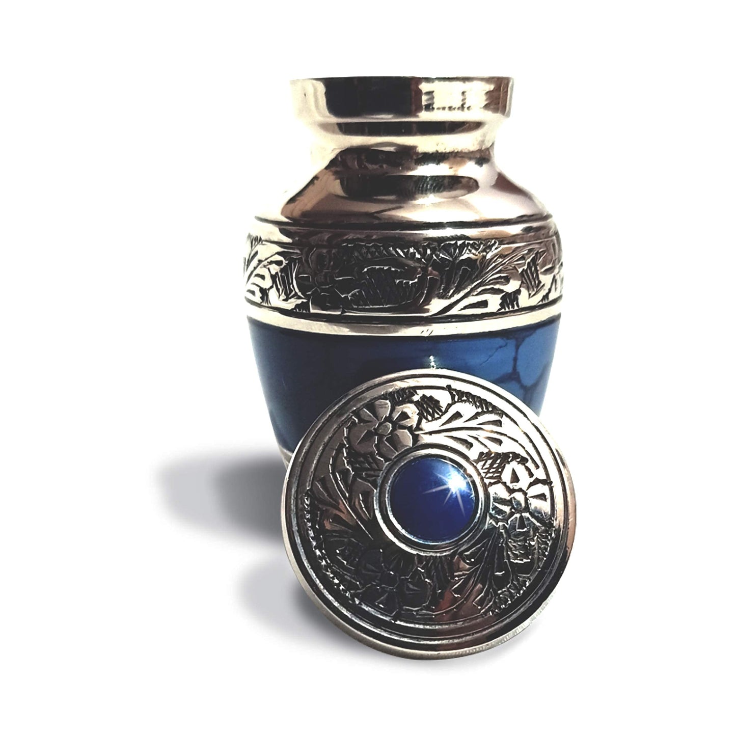 Cherishedly Yours Small Keepsake Urn for Human Ashes with Velvet Heart Case and Funnel - Beautiful Peaceful Dark Blue Brass Hand Engraved Mini Memorial Cremation Urn