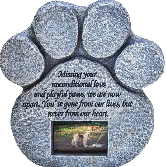 Paw Print Pet Memorial Stone - Features a Photo Frame and Sympathy Poem - Indoor Outdoor Dog or Cat for Garden Backyard Marker Grave Tombstone - Loss of Pet Gift - Loss of Dog Gift