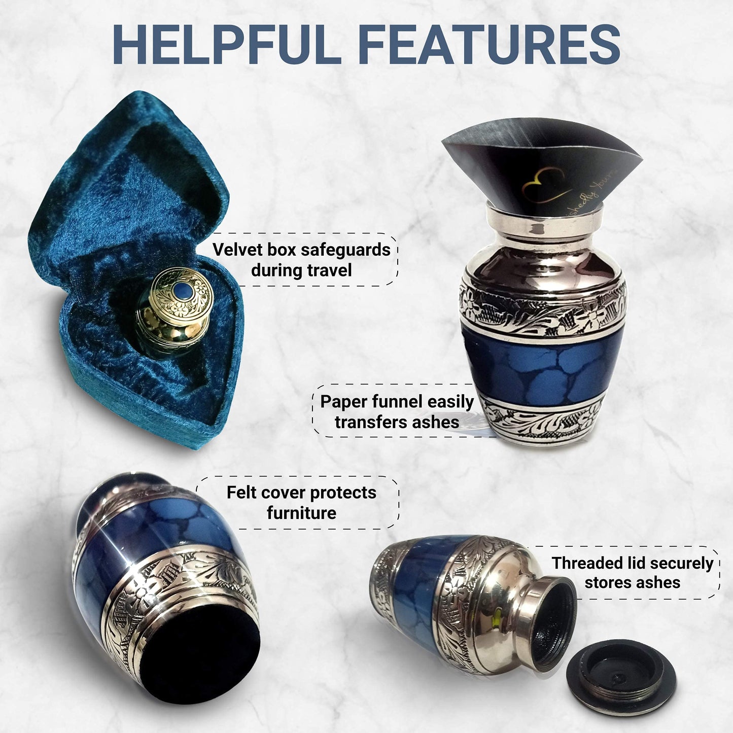 Cherishedly Yours Small Keepsake Urn for Human Ashes with Velvet Heart Case and Funnel - Beautiful Peaceful Dark Blue Brass Hand Engraved Mini Memorial Cremation Urn