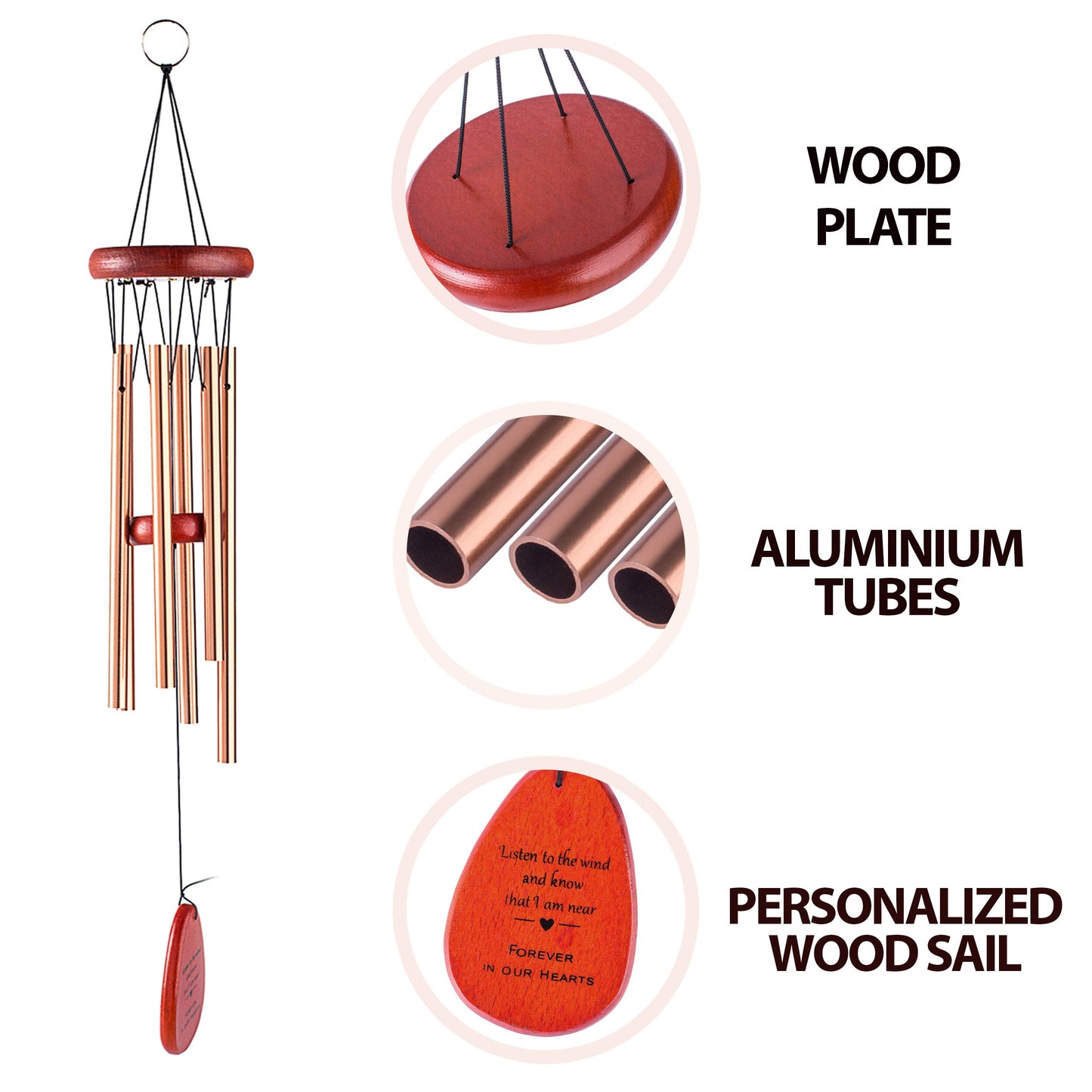 IMEIM Memorial Wind Chimes Personalized Outdoor Sympathy Wind Chimes Gift Keepsake for Deceased Loved Aluminum Tubes Wooden Wind Bell for Garden/Patio Deco 24.5 Inch (Listen to The Wind)