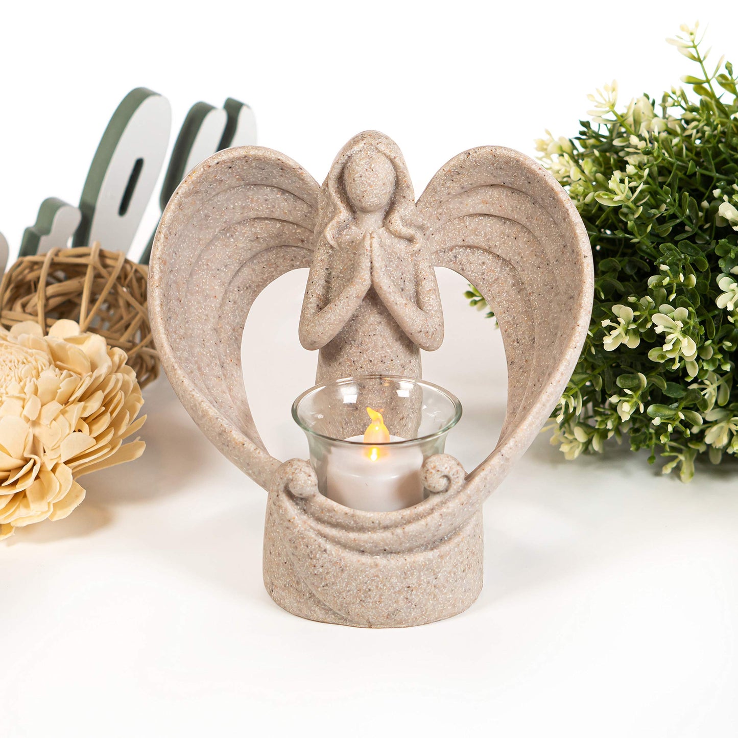 Angel Memorial Gifts Tealight Candle Holder, Sympathy Gift Candle Remembrance Gifts Bereavement Gifts Condolence Gifts Grieving Gifts for Loss of Loved One, Angel Figurines with LED Flickering Candle
