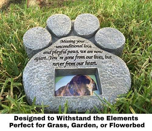 Paw Print Pet Memorial Stone - Features a Photo Frame and Sympathy Poem -  Indoor Outdoor Dog or Cat for Garden Backyard Marker Grave Tombstone - Loss